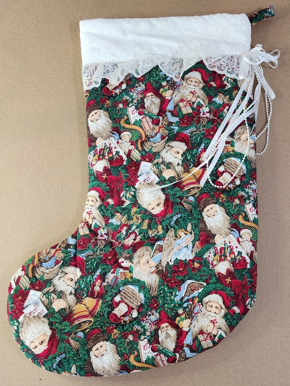 Handmade Christmas Stocking Old World Santa's Lace Ribbon "Plush Filled" 20" XXL